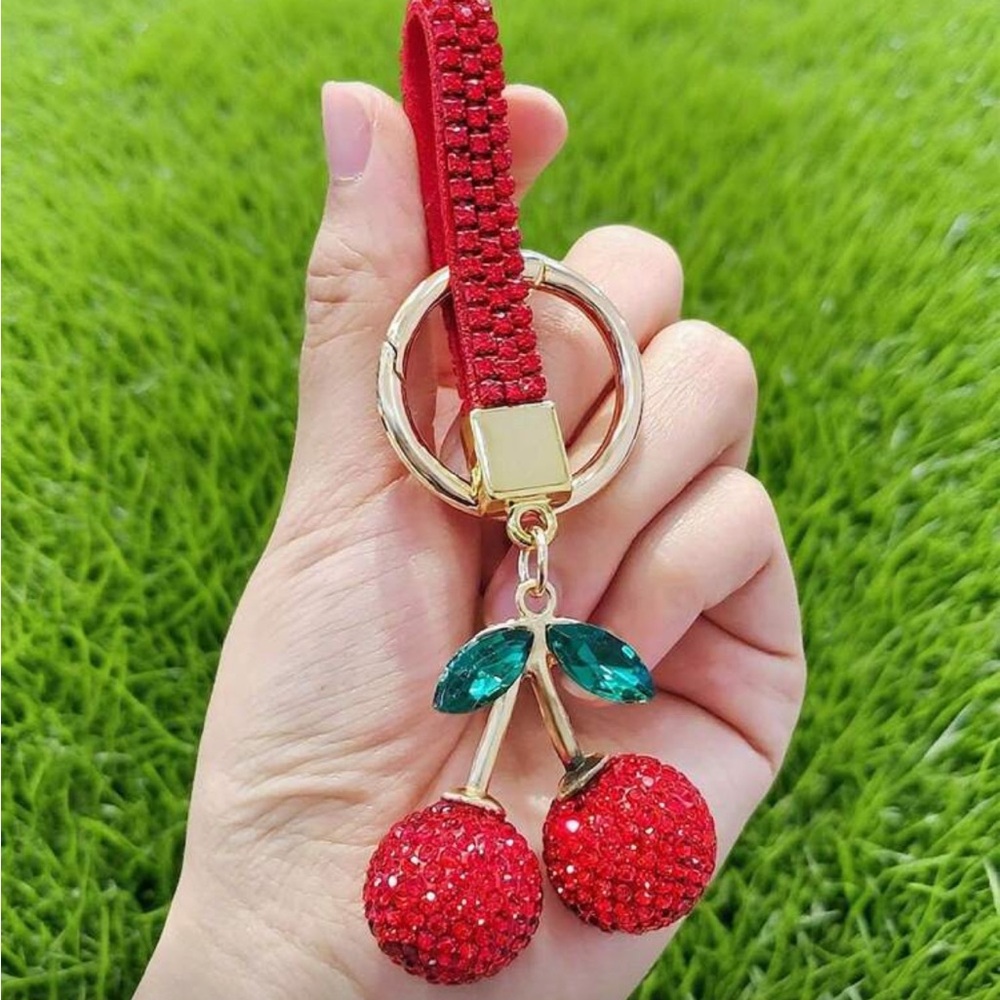 Red Cherry Keychain with Gold Accents